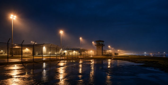 Secured military base perimeter with watchtower at night