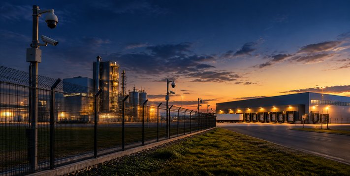 Fenced industrial site and logistics hub at dusk