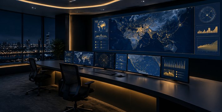 Command centre with a wall of situational displays