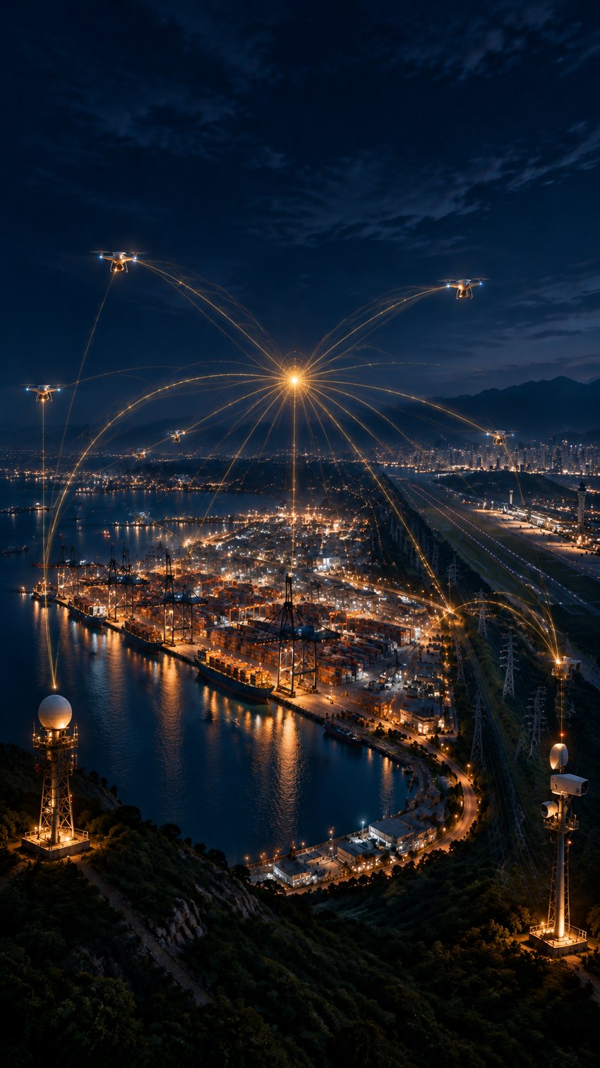 Port and industrial coastline at night, linked by a network of drone flight paths