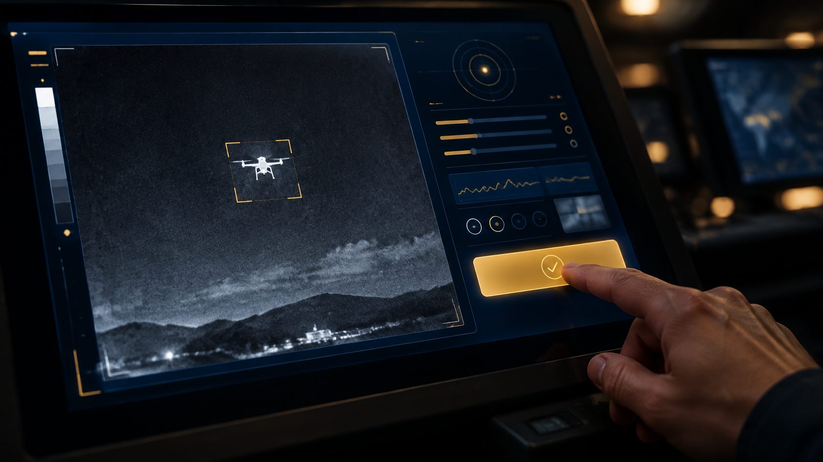 Operator console running THE HOUND OS, showing a tracked drone inside a targeting frame