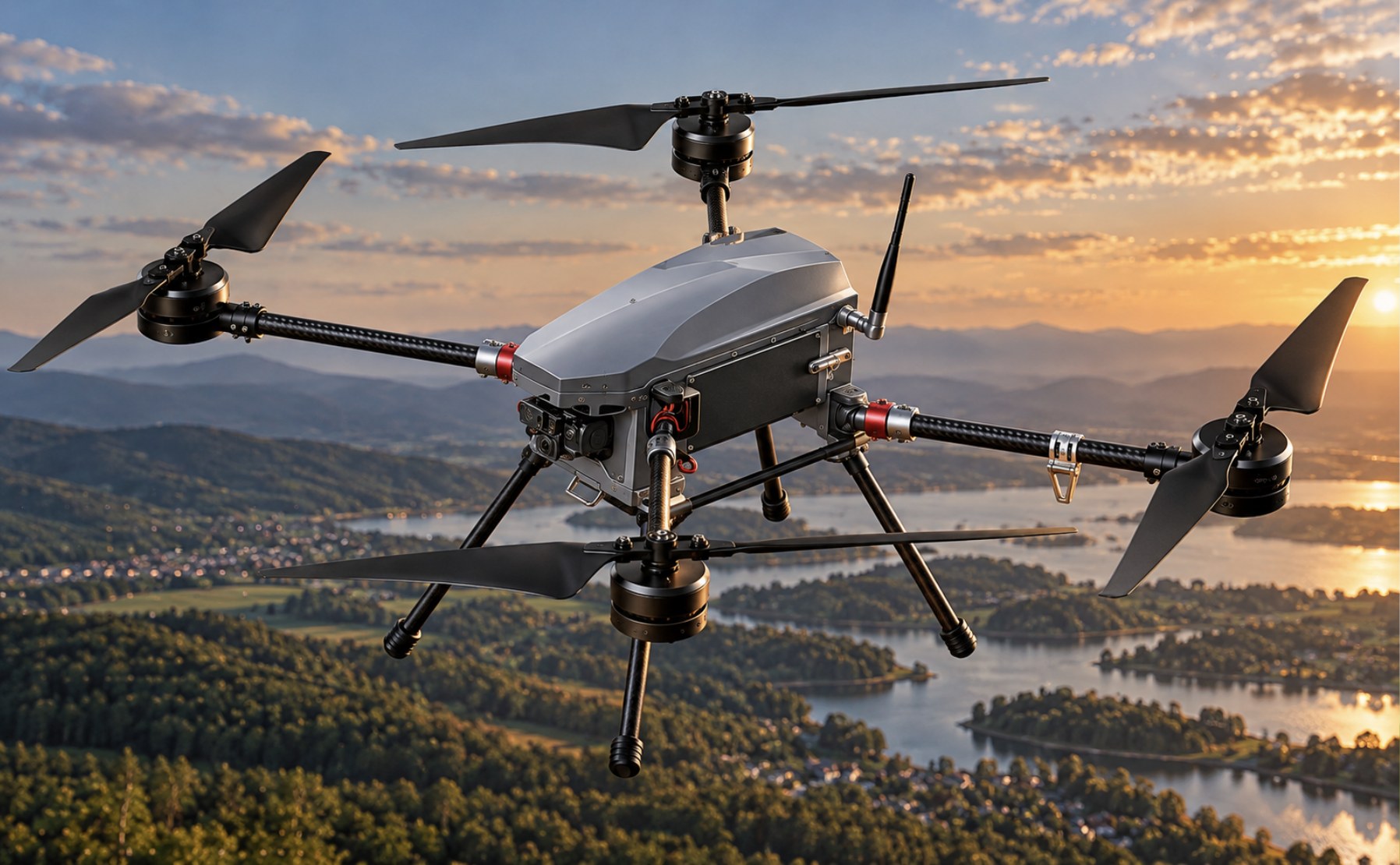 Heavy-lift drone in flight over a lake and forest landscape at sunset